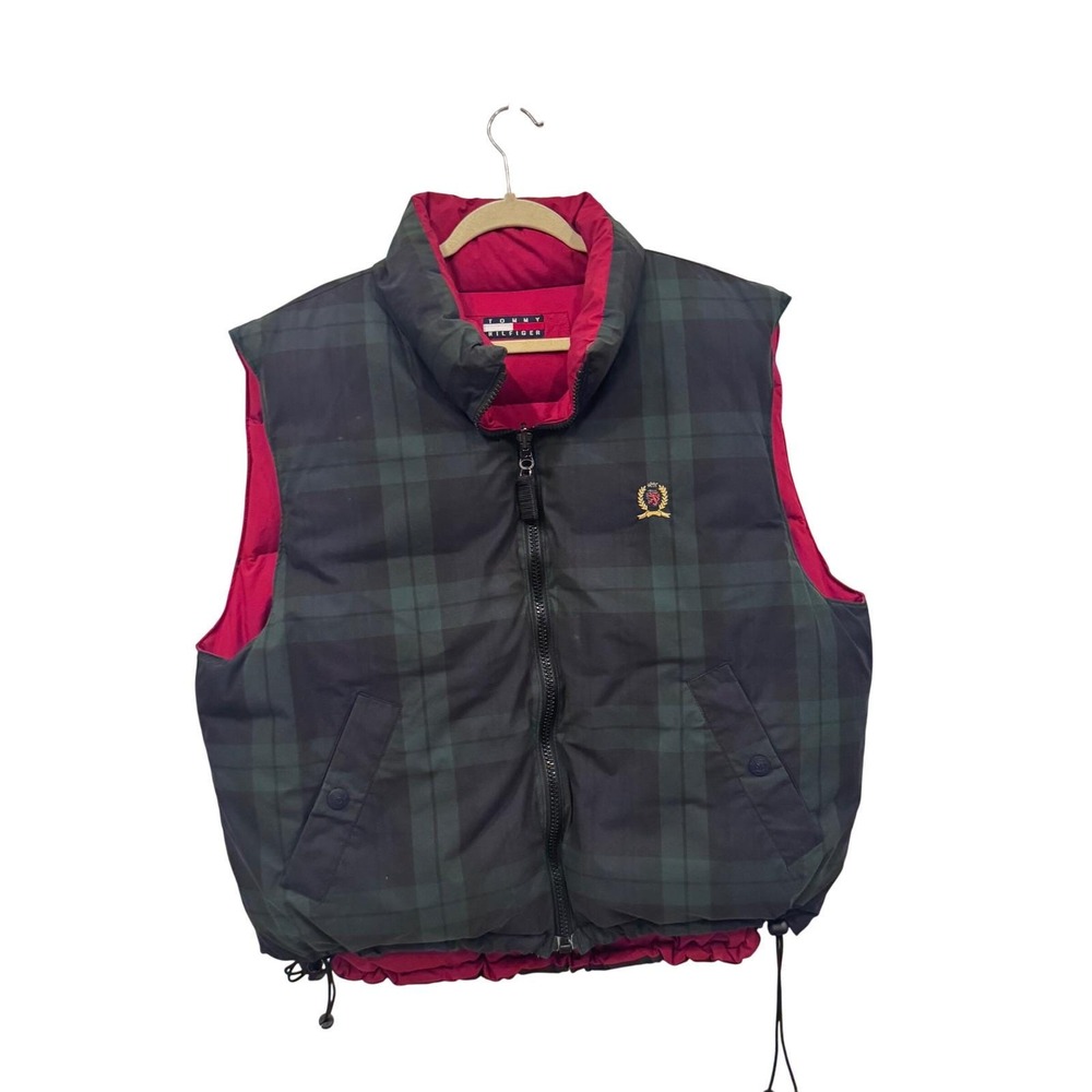 Tommy Hilfiger Mens Reversible Cotton Puffer Down Vest Red Plaid XL '90s Vintage